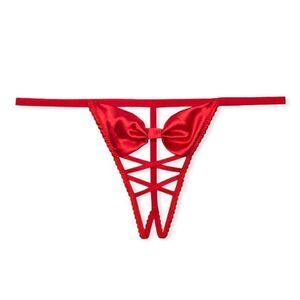 Victorias Secret Very Sexy Strappy Bow Lace-up Satin V String Panty Red